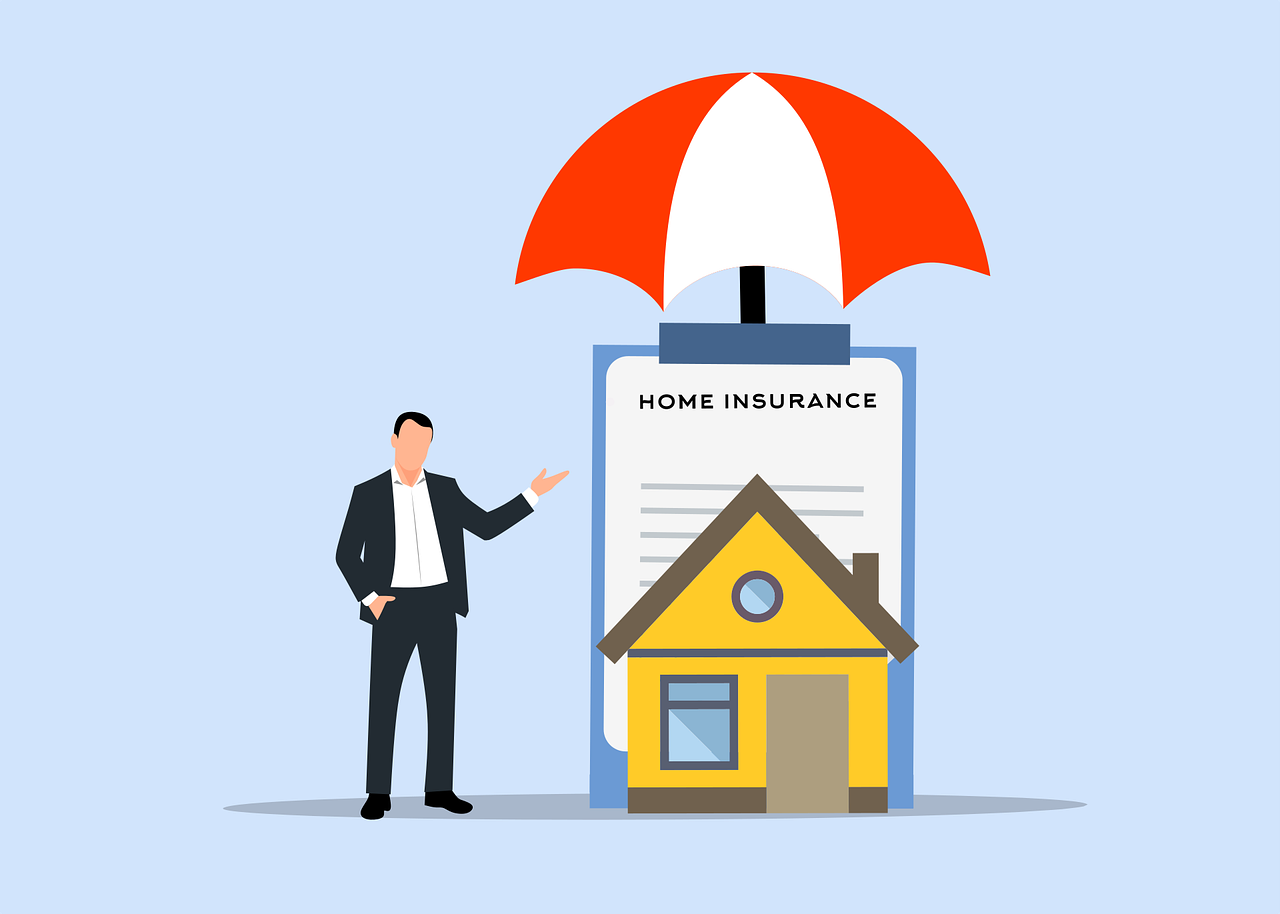 Cartoon man standing next to house with umbrella and contract